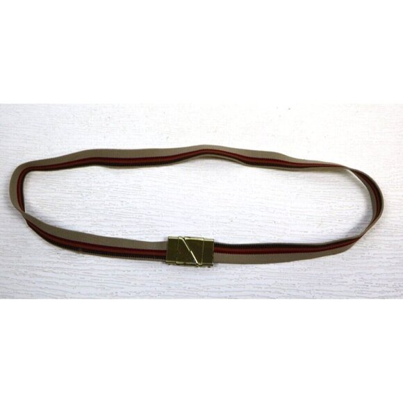 VINTAGE WOMEN'S BROWN STRIPED ELASTIC BELT - GOLD TONE CLASP - ADJUSTABLE - Picture 1 of 9
